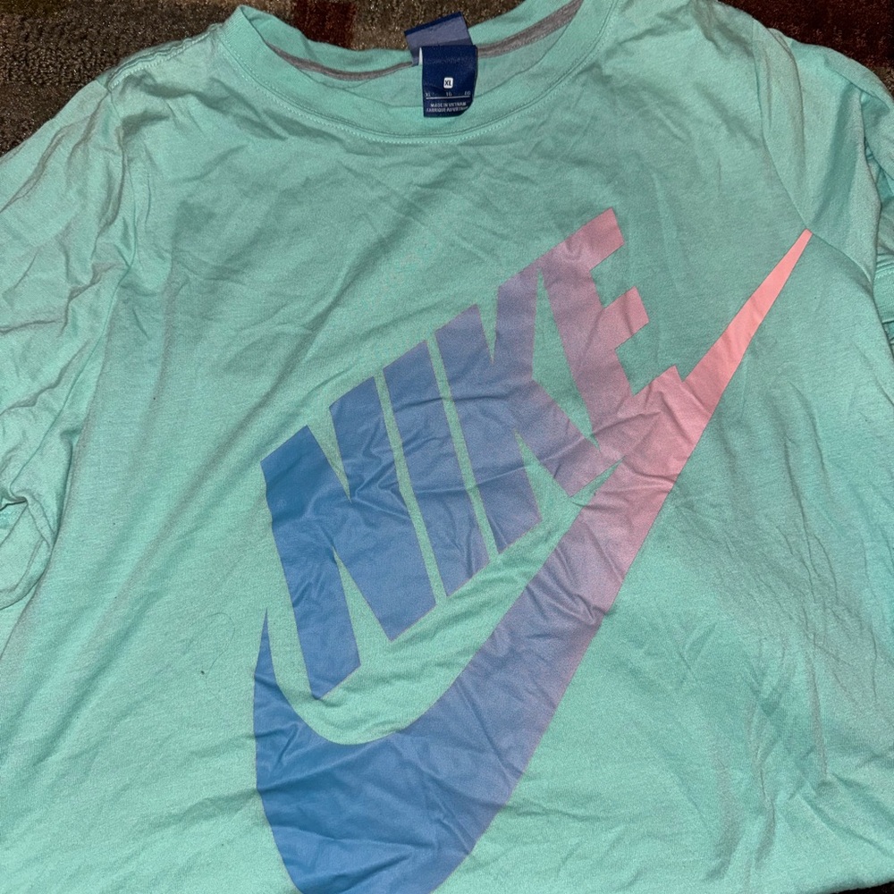 Nike Women's Aqua Tee with Pink and Blue Logo
